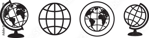 Collection of four stylized globe illustrations with different line art designs and bases