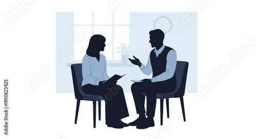 Silhouette of a male therapist or consultant talking to a seated female client holding a folder in a professional office setting with a window, wall clock, and chairs.