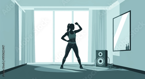 Silhouette of a woman wearing athletic clothing performing a dance fitness routine in a bright modern room with floor-to-ceiling windows, audio speaker, and a wall mirror.