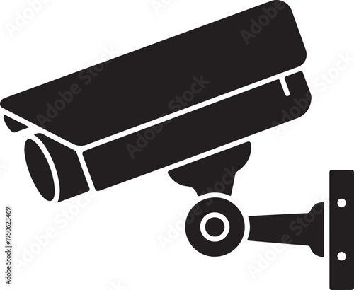 A black and white surveillance camera mounted on a wall with a swivel mechanism