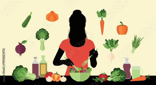 Detailed flat vector illustration of a female silhouette in a red shirt preparing a fresh salad, featuring floating vegetable icons like broccoli, carrots, onions, peppers, and oils.