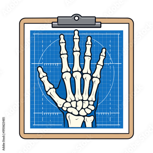 Hand skeleton bones drawn on a blue blueprint grid paper, representing medical diagnostics, anatomy study, and orthopedic planning