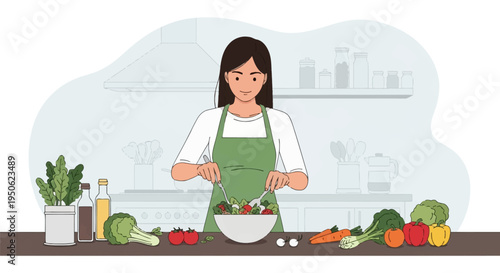 Vector illustration of a young woman with dark hair wearing a green apron, mixing a fresh salad in a white bowl in a kitchen with vegetables like tomatoes, peppers, and broccoli.