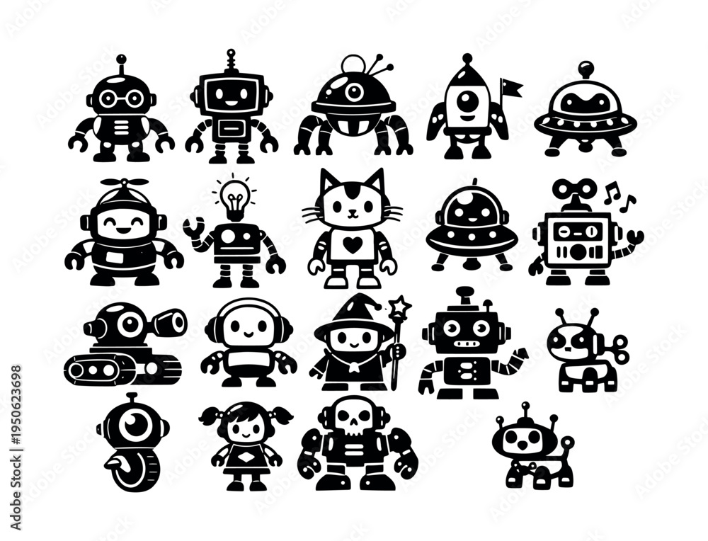 Naklejka premium Collection of stylized black silhouettes showing different cute robot characters, droids, tank bot, and spaceship designs