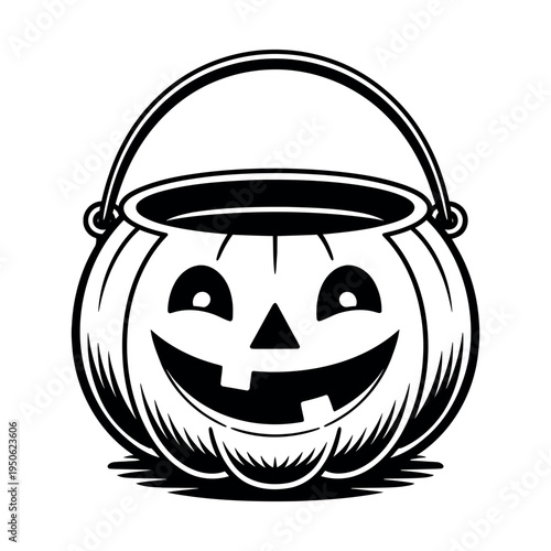 Jack-o'-lantern shaped treat bucket with a happy face, collecting candy for Halloween trick or treating, graphic element icon