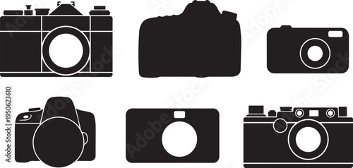 Collection of diverse vintage and modern camera silhouettes in a simple graphic design