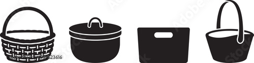 Collection of diverse basket and container silhouette icons with handles
