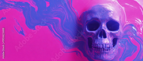A reflective skull on a vibrant pink and purple flowing background, evoking a surreal atmosphere.