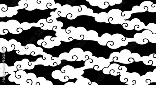 Abstract Swirling Clouds Pattern, Black and White, Traditional Japanese Style