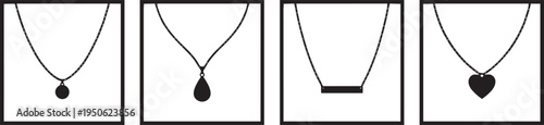 Four stylized necklaces with pendants: simple drop, geometric, oval, and star shapes.