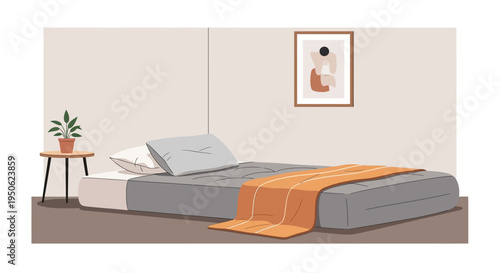 Cozy Bedroom Corner with Bed, Plant, and Abstract Art