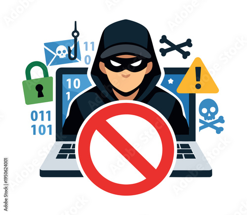 Hacker behind a laptop with a forbidden sign, symbols of cybercrime and data breach risks surrounded by security warnings