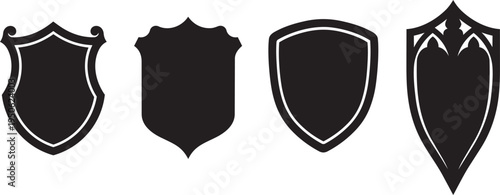 Collection of Four Distinct Medieval Shield Shapes Silhouette Icon Vector Graphics