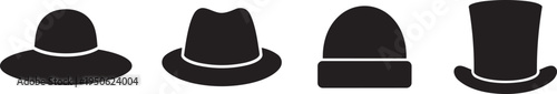 Collection of four silhouette illustrations of fedora hats with different band details