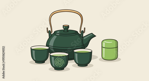 Pixel Art Japanese Tea Set with Green Tea and Matcha Canister
