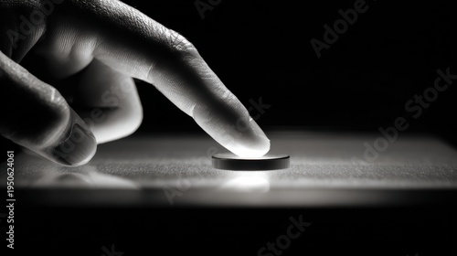 Finger touches glowing button on dark surface