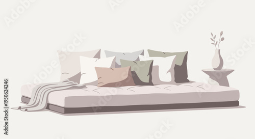 Cozy Modern Sofa with Pillows and Blanket, Minimalist Living Room Furniture