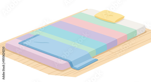 Cozy Bed with Colorful Striped Blanket and Pillow on Wooden Floor