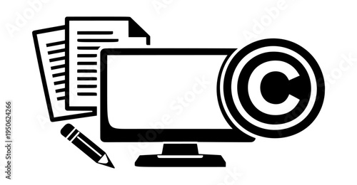 Copyright symbol protecting documents, creative work, and digital content displayed on a computer monitor with a pencil