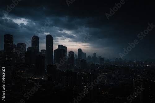Dramatic blackout over dark city skyline at dusk visual metaphor of energy shortage urban environment wide view