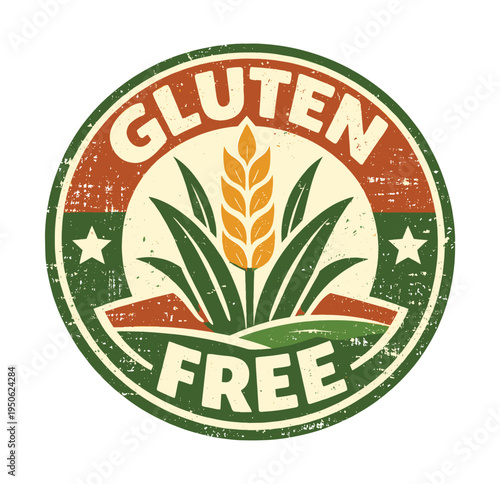 Gluten free circular vintage stamp featuring a golden wheat ear and green leaves, indicating a healthy and organic food product