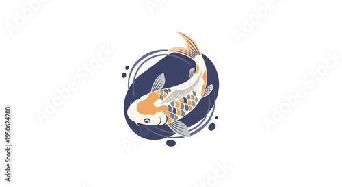 Elegant Koi Fish Swimming in Circular Dark Blue Water Design