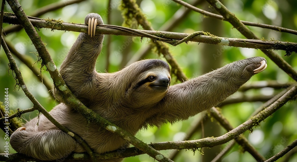 Fototapeta premium Sloth hanging from tree branch slowly.
