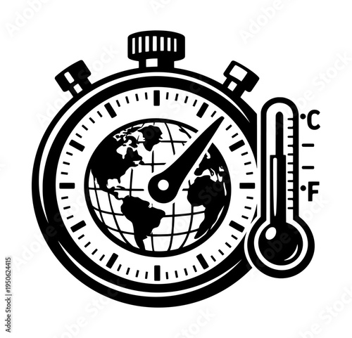 Earth globe inside a stopwatch with a thermometer, symbolizing global warming, climate change, time running out, and environmental urgency