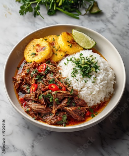 Authentic Cuban Ropa Vieja with White Rice and Fried Plantains in a Ceramic Bowl created with Generative AI Technology, ai, generative