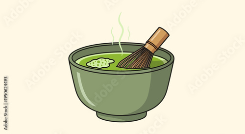 Traditional Matcha Green Tea Preparation with Bamboo Whisk in Bowl