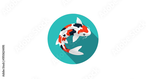 Vibrant Koi Fish Icon in Teal Circle, Japanese Carp Symbol, Aquatic Life