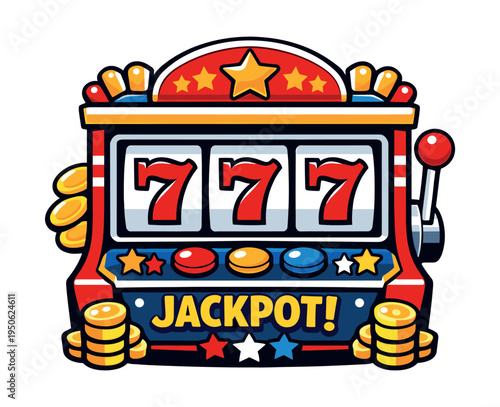 Slot machine displaying a winning jackpot with three sevens, coins stacked on the machine, representing luck, fortune, and betting
