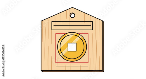 Japanese Ema Lucky Charm with Coin Symbol and Wooden Texture