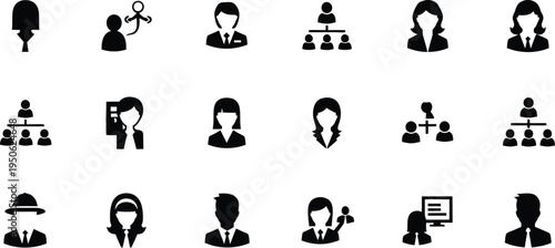 Collection of black business and people icons on white background silhouette