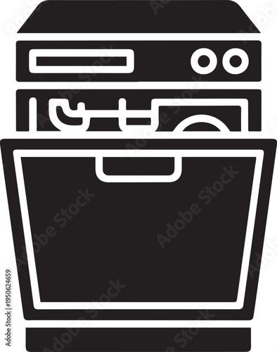 dishes washer,filled style isolated on white background. black art icon drawing vector