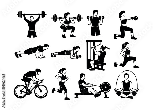 Individuals performing diverse workouts, including weightlifting, cardio, and bodyweight exercises, representing health and wellness