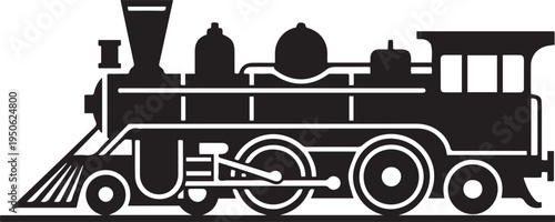 Vintage Old Locomotive Engine. black art icon drawing vector