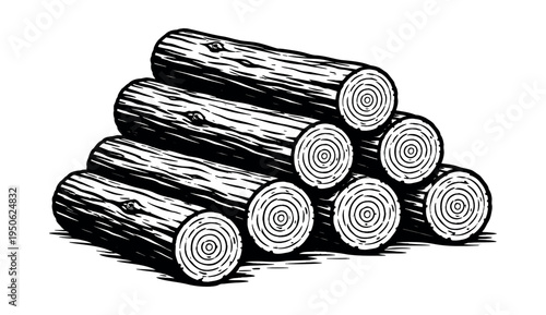Wood stack illustrating forestry, renewable energy, and natural fuel in a vintage black and white woodcut style