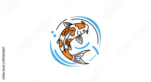 Stylized Koi Fish Swimming in Circle of Water, Japanese Art Inspired Icon