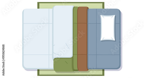 Top view of a neatly made bed with layered blankets and a pillow