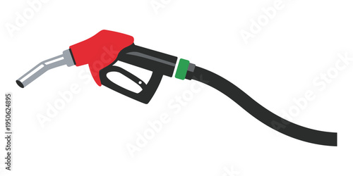 Gas pump nozzle with red grip and black hose on a white background. Filling fuel, petrol, and oil