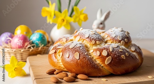 Easter braided bread loaf topped with almonds and powdered sugar. Traditional holiday pastry surrounded by colored eggs in basket, white bunny figure and yellow daffodils in vase. Festive spring