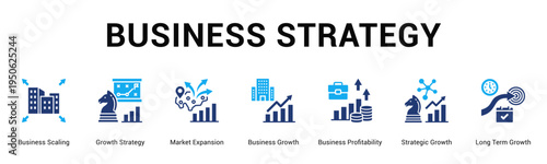 Business Strategy  Modern and clean web banner illustration vector featuring thematic icons