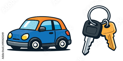 Illustration of a small blue vehicle with a vivid orange roof beside a keychain with keys, symbolizing transportation, car rental, and mobility