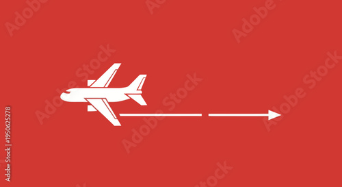White Airplane Flying with Dotted Path Silhouette, Air Travel and Aviation Concept on Solid Red Background