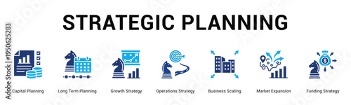 Strategic Planning  Modern and clean web banner illustration vector featuring thematic icons