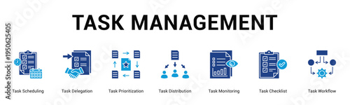 Task Management  Modern and clean web banner illustration vector featuring thematic icons
