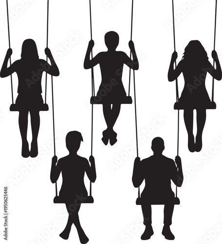 Five silhouettes enjoying swings in a playful and harmonious park scene
