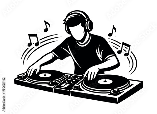 DJ wearing headphones spinning vinyl records on turntables. Music notes flying from the deck symbolize sound and rhythm