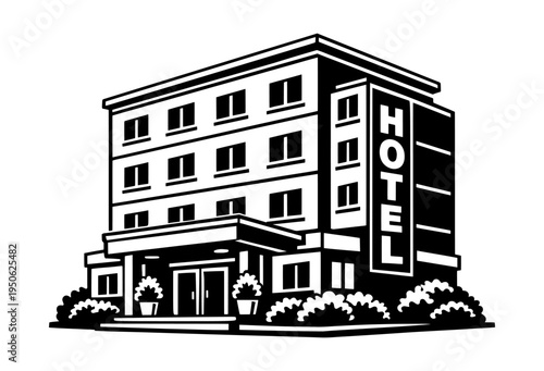 Hotel building showcasing a striking HOTEL sign, embodying the themes of journey, welcome, and lodging